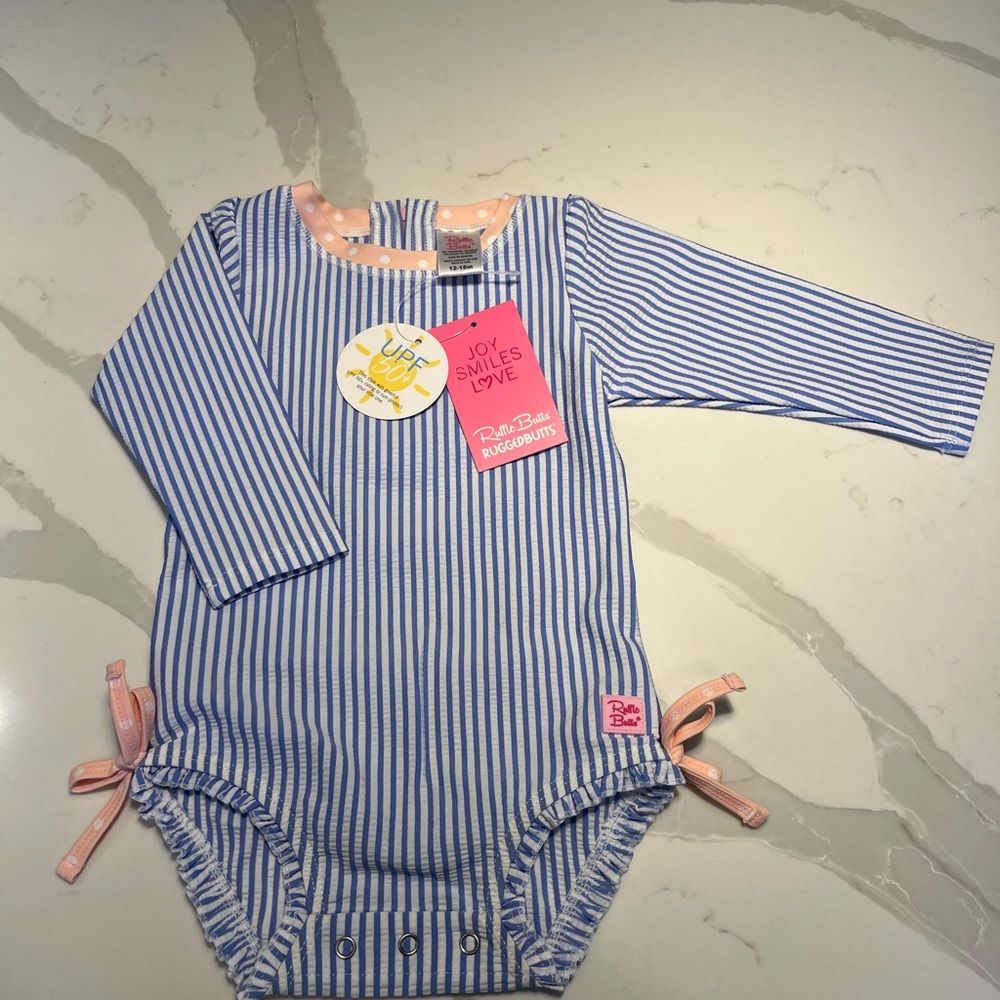 NWT RuffleButts Blue & White Stripe Long Sleeve Bodysuit